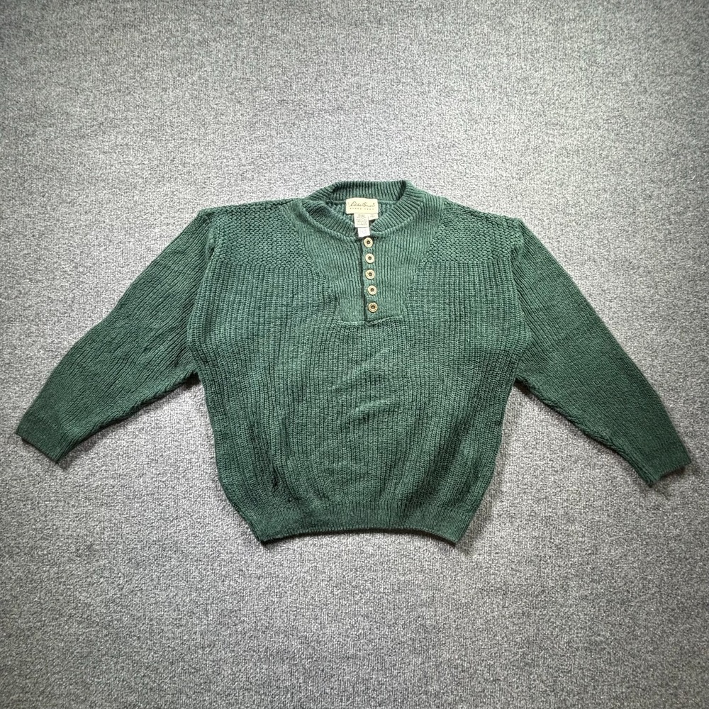 VTG Eddie Bauer Henley Sweater Men's M Green Ribbed Knit Drop Shoulder Gorpcore